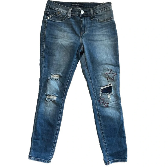 Rock & Republic Jeans Kashmiere Ankle Blue Denim Distressed Star
Patches Size 4 - Picture 1 of 13